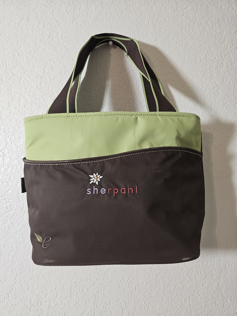 Sherpani Brown Green LuTote Bag Zip Top Inner Pockets Embroidered Double Handles